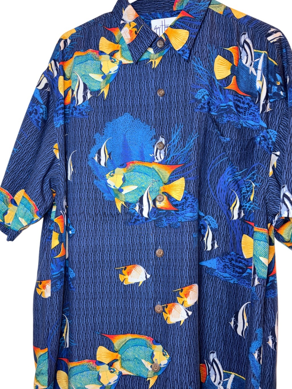 Vintage Guy Harvey by AFTCO Bluewater Rayon Fish Print Button Down Shirt -L